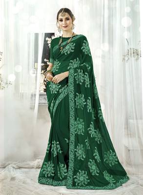 Green embroidered satin saree with blouse 1