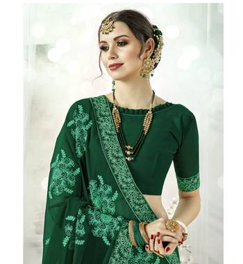 Green embroidered satin saree with blouse 2