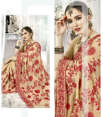 Cream embroidered satin saree with blouse 2