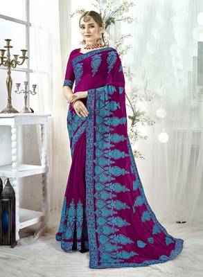 Magenta embroidered satin saree with blouse 1