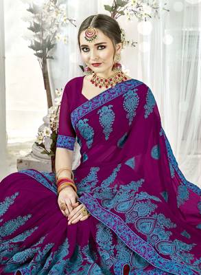 Magenta embroidered satin saree with blouse 2