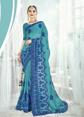 Sea green embroidered satin saree with blouse 1