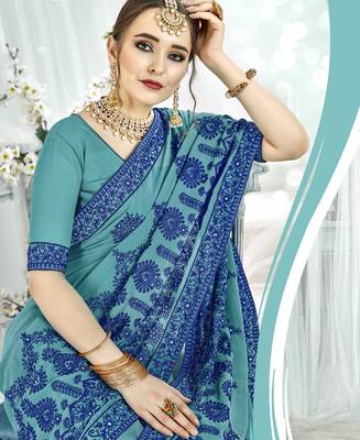 Sea green embroidered satin saree with blouse 2