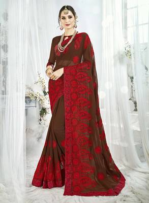 Brown embroidered satin saree with blouse 1