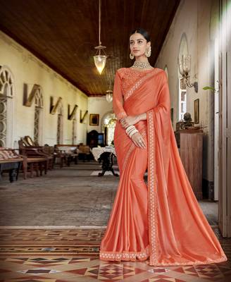Orange embroidered satin saree with blouse 1