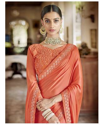 Orange embroidered satin saree with blouse 2