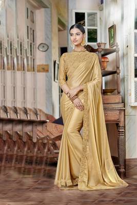 Golden embroidered satin saree with blouse 1