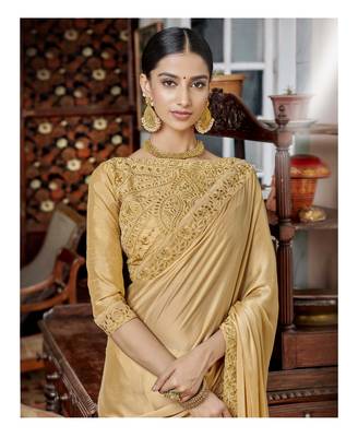 Golden embroidered satin saree with blouse 2