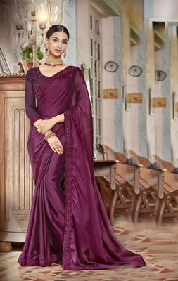 Magenta embroidered satin saree with blouse 1