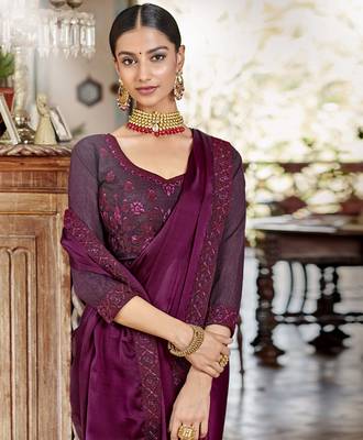 Magenta embroidered satin saree with blouse 2