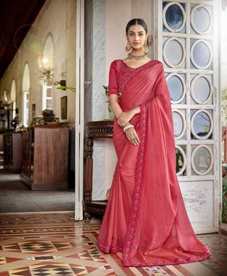 Coral embroidered satin saree with blouse 1