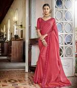 Coral embroidered satin saree with blouse