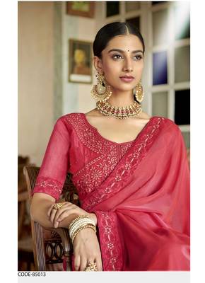 Coral embroidered satin saree with blouse 2