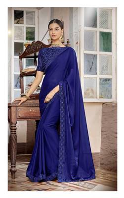 Navy blue embroidered satin saree with blouse 1