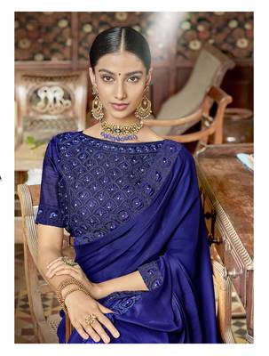 Navy blue embroidered satin saree with blouse 2