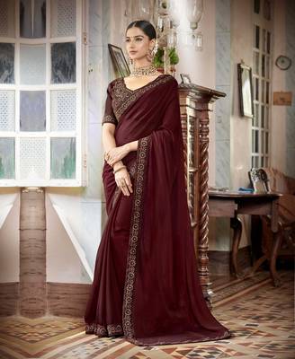 Maroon embroidered satin saree with blouse 1