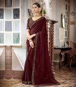 Maroon embroidered satin saree with blouse