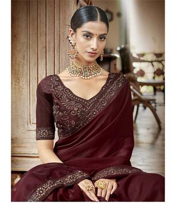 Maroon embroidered satin saree with blouse 2