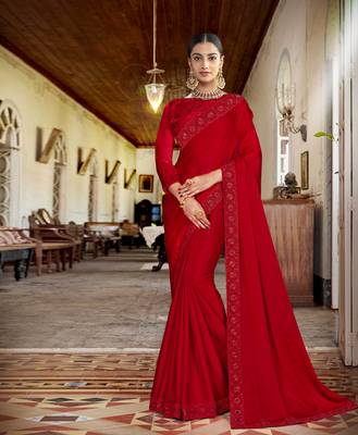Red embroidered satin saree with blouse 1
