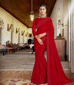 Red embroidered satin saree with blouse