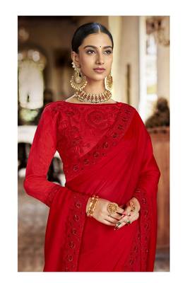 Red embroidered satin saree with blouse 2