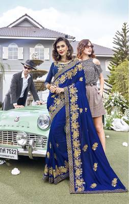 Blue embroidered georgette saree with blouse 1