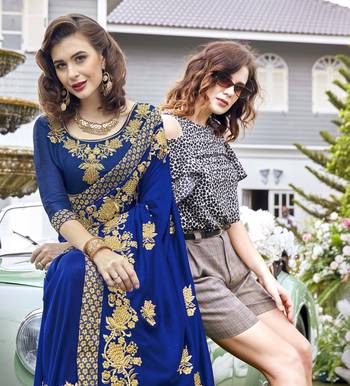 Blue embroidered georgette saree with blouse 2