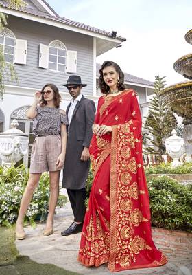 Red embroidered georgette saree with blouse 1