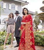 Red embroidered georgette saree with blouse