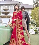 Red embroidered georgette saree with blouse
