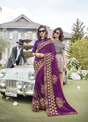 Purple embroidered georgette saree with blouse 1