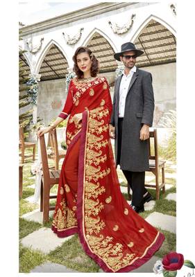 Red embroidered georgette saree with blouse 1