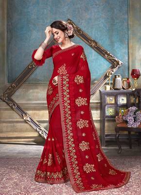 Red embroidered georgette saree with blouse 1