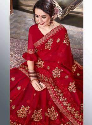 Red embroidered georgette saree with blouse 2