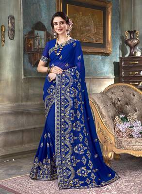 Blue embroidered georgette saree with blouse 1