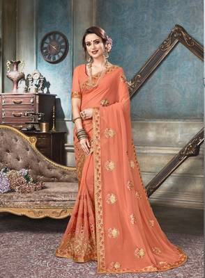 Peach embroidered georgette saree with blouse 1