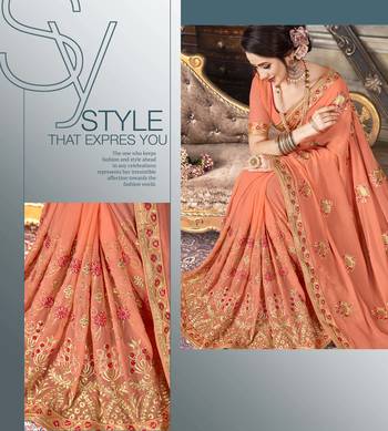 Peach embroidered georgette saree with blouse 2