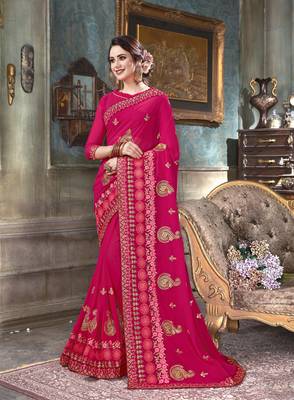 Pink embroidered georgette saree with blouse 1