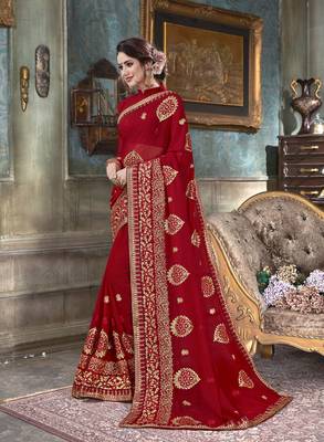 Red embroidered georgette saree with blouse 1