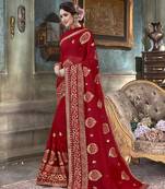 Red embroidered georgette saree with blouse