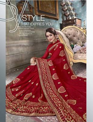 Red embroidered georgette saree with blouse 2