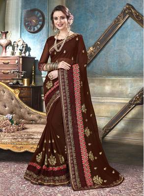 Brown embroidered georgette saree with blouse 1