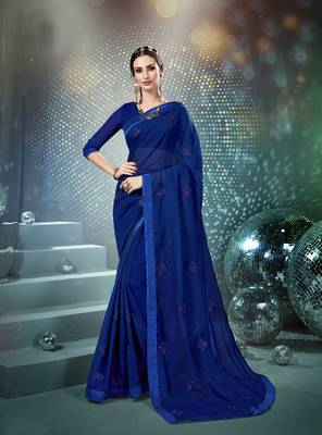 Blue embroidered georgette saree with blouse 1