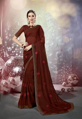Brown embroidered georgette saree with blouse 1