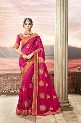 Pink embroidered satin saree with blouse 1