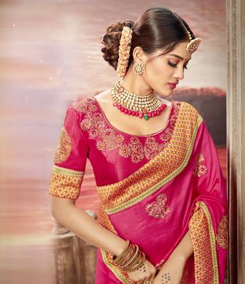 Pink embroidered satin saree with blouse 2