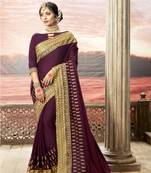 Violet embroidered satin saree with blouse