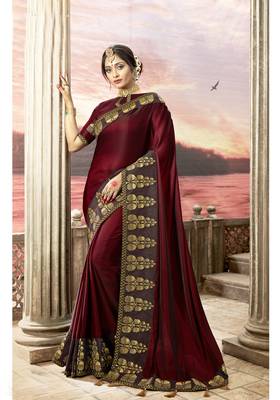 Maroon embroidered satin saree with blouse 1