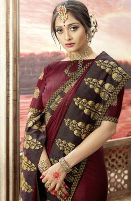 Maroon embroidered satin saree with blouse 2