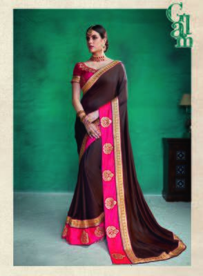 Brown embroidered satin saree with blouse 1